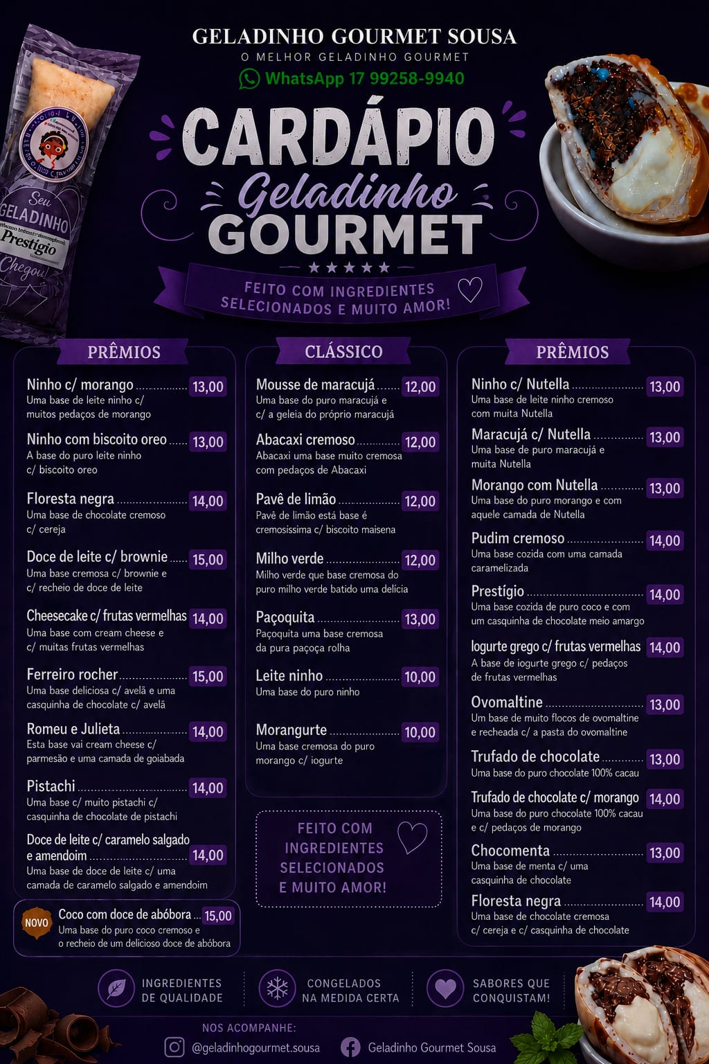 Cardápio presencial com sabores e valores da Geladinho Gourmet Sousa